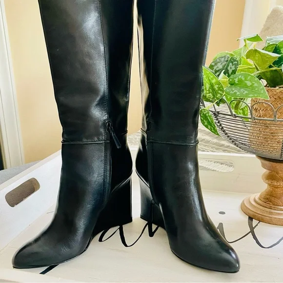 TORY BURCH Linette Smooth Leather Tall Black Wedge Knee High Riding Boots 8.5 - Picture 4 of 16